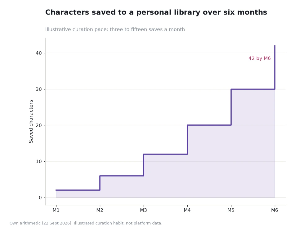 Step chart of a saved character library growing over six months